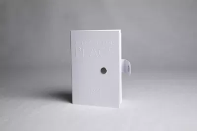 White rectangular access panel or utility box with a small circular hole and a handle, photographed against a neutral gray background.
