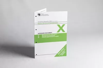 A tri-fold brochure or approval document for Liz Male Consulting features a green horizontal band with a large white X symbol, the word 